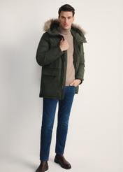 Men's winter jacket in olive green KURMT-0395-51(Z25) - front view of model against white background. Full body visible.