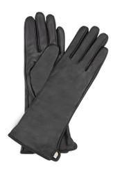 Long black leather women's gloves REKDS-0082A-99(Z25), product view from the front and back on a white background.