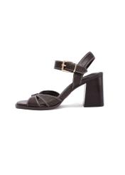 Dark brown leather block heel sandals BUTYD-1232-1I(W26), side product view on white background.