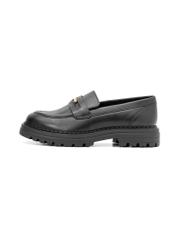 Women's black leather moccasins with logo BUTYD-1197-99(Z25), side view of the product on a white background.-02