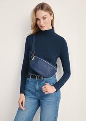 Small navy blue women's waist bag TOREC-0878B-69(Z25), product view on model's shoulder. Half of silhouette visible.