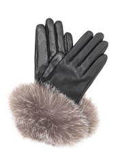 Women's black leather gloves with fur trim REKDS-0111-99(Z26), front view on a white background.