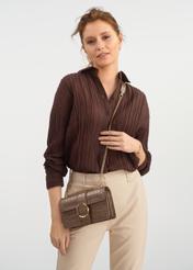 Beige small croco leather handbag TORES-1117-81(W25) - view of a model on a white background. Half of the silhouette visible.