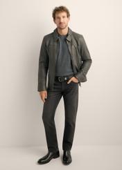 Men's graphite leather jacket KURMS-0419-9D(Z26). Front view of the product on a model. Full silhouette visible. 