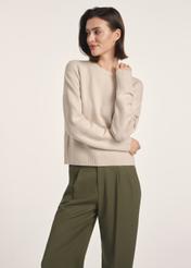 Beige women's sweater SWEDT-0242-80(Z25), front view of the product on the model. Half of the silhouette visible.