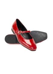 Red leather ballet flats with belt BUTYD-1145-4B(W26), diagonal product view on white background.