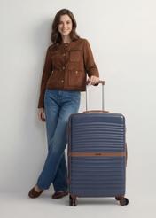 Large suitcase on wheels WALAB-0084-7D-28(W26), front view of the product next to the model's silhouette.