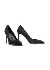 Black suede women's high heels BUTYD-1217-99(Z25), diagonal product view on a white background.
