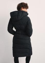 Long black women's jacket KURDT-0602-99(Z25), product view from the back on the model. Half of the silhouette visible.