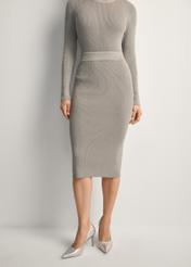 Women's silver ribbed skirt SPCDT-0113-91(Z25), front view of the product on the model. Half of the silhouette visible.