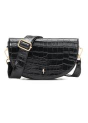 Black leather half-round croco messenger bag TORES-1230-9G(W26), front product view on white background.