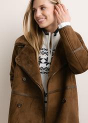 Long brown women's shearling coat KOZDP-0019-1H(Z26), close-up of the product on a model.