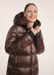 Brown long women's winter jacket KURDT-0531-1H(Z26) - front view on a model on a white background. Half of the silhouette visible.