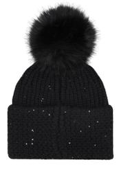 Black women's hat with pompom CZADT-0217-99(Z26), product view from the back on a white background.