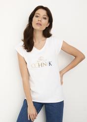 Biały T-shirt z dekoltem V damski TSHDT-0083-11(W22)-01