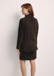 Brown women's suede jacket KURDS-0521-2880(Z25), product view from the back on the model, half of the silhouette visible.