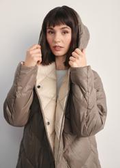 Women's olive quilted jacket KURDT-0595-57(Z25), close-up of the product on the model. Part of the silhouette visible.