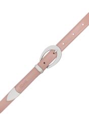 Pink women's leather belt PASDS-0325-31(W25) - view of the fastened product on a white background.