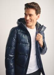 Men's navy blue quilted hooded jacket KURMT-0340-69(Z25), unbuttoned view of the product on the model. Half of the silhouette visible.