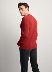 Red ribbed men's sweater SWEMT-0191-4B(W26) - back view of the product, on a model, against a light background. Knee-length silhouette visible.