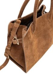 Cognac-colored suede handbag TORES-1191-88(Z25), close-up of the product detail on a white background.