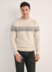 Beige men's sweater SWEMT-0177-80(Z25) - front product view of the model against a white background. Knee-length silhouette visible.