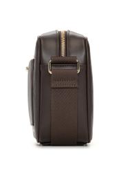 Brown women's handbag with monogram TOREC-1290-1I(Z26), product view from the side on a white background.