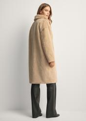 Long beige women's fur coat FUTDP-0064-81(Z25), product view from the back on the model, the whole silhouette is visible.