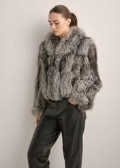 Women's natural gray fur coat FUTDF-0110-9B(Z26), diagonal view of the product on the model. Half of the silhouette visible.