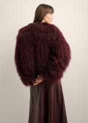 Burgundy short natural fur coat FUTDF-0104-4D(Z26), product view from the back on the model. Half of the silhouette visible.