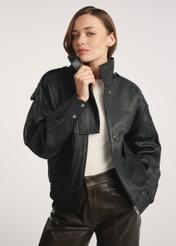 Women's black leather jacket KURDS-0554-2701(Z25) - front view of the product on a model, against a white background. Knee-length silhouette visible.