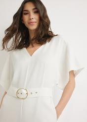Women's cream jumpsuit KOBDT-0013-0B(W26), front view of the product on the model. Half of the silhouette visible.