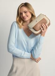 Cream leather women's messenger bag TORES-1274-0B(W26), product view in model's hand. Half silhouette visible.