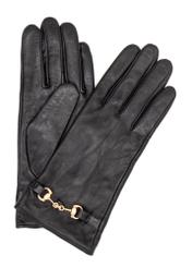 Women's black leather gloves with buckle REKDS-0087-99(Z25), front product view on white background.