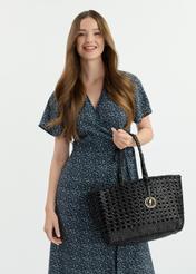 Black braided leather handbag TORES-1113-99(W25), front product view on model. Half of the silhouette visible.
