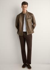 Men's brown leather jacket KURMS-0400-1H(W26), front product view on model. Full body visible.