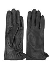 Women's black leather gloves REKDS-0001A-99(Z25), product view from the front and back on a white background.