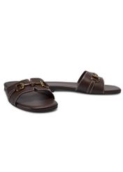 Women's leather flip-flops in dark brown color BUTYD-1273-1I(W26), diagonal product view on a white background.