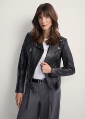 Women's leather biker jacket KURDS-0274-5491(KS), front view of the product on the model. Half of the silhouette visible.