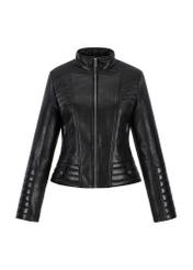 Women's waisted leather jacket with collar KURDS-0448-5491(Z23)-05