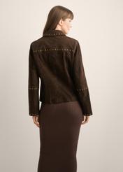 Women's brown suede jacket KURDS-0614-1I(Z26), back view of the product on the model. Half of the silhouette visible.