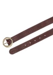 Brown leather women's belt with animal motif PASDS-0353-1H(Z26), close-up view of the buckle on a light background.