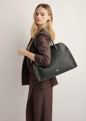 Black leather handbag TORES-1191-9I(Z26), product view on model's shoulder. Half of silhouette visible.