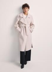 Long woolen fur coat in cream color FUTDW-0019A-12(Z25) - product view from the front on a white background. The entire silhouette is visible.