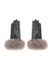 Women's black leather gloves with fur trim REKDS-0111-99(Z26), front view on a white background.