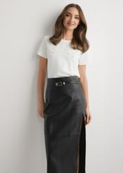 Cream women's T-shirt with pearls TSHDT-0158-0B(W26), front view of the product on the model. Half of the silhouette visible.