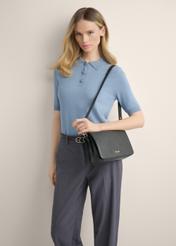 Women's black leather messenger bag TORES-1316-99(Z26), product view on model's shoulder. Half of silhouette visible.