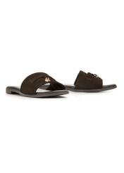 Women's suede slides in dark brown color BUTYD-1255-1I(W26), diagonal product view on a white background.