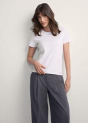 Women's white cotton t-shirt TSHDT-0144-0B(Z26), front view of the product on the model, half of the silhouette visible.