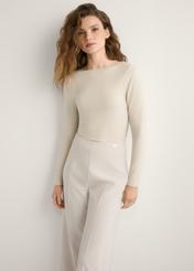 Light beige women's modal blouse LSLDT-0056-1A(W26), front view of the product on the model. Half of the silhouette visible.